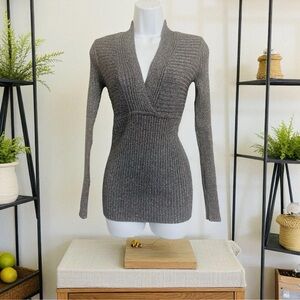 INC International Concepts Gray Silver Metallic Ribbed Long Sleeve Knit Pullover